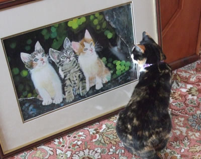 gallery/Members_Paintings/Irene_Scott/Toffee_looking_at_Three_Kittens_paintingaa.jpg